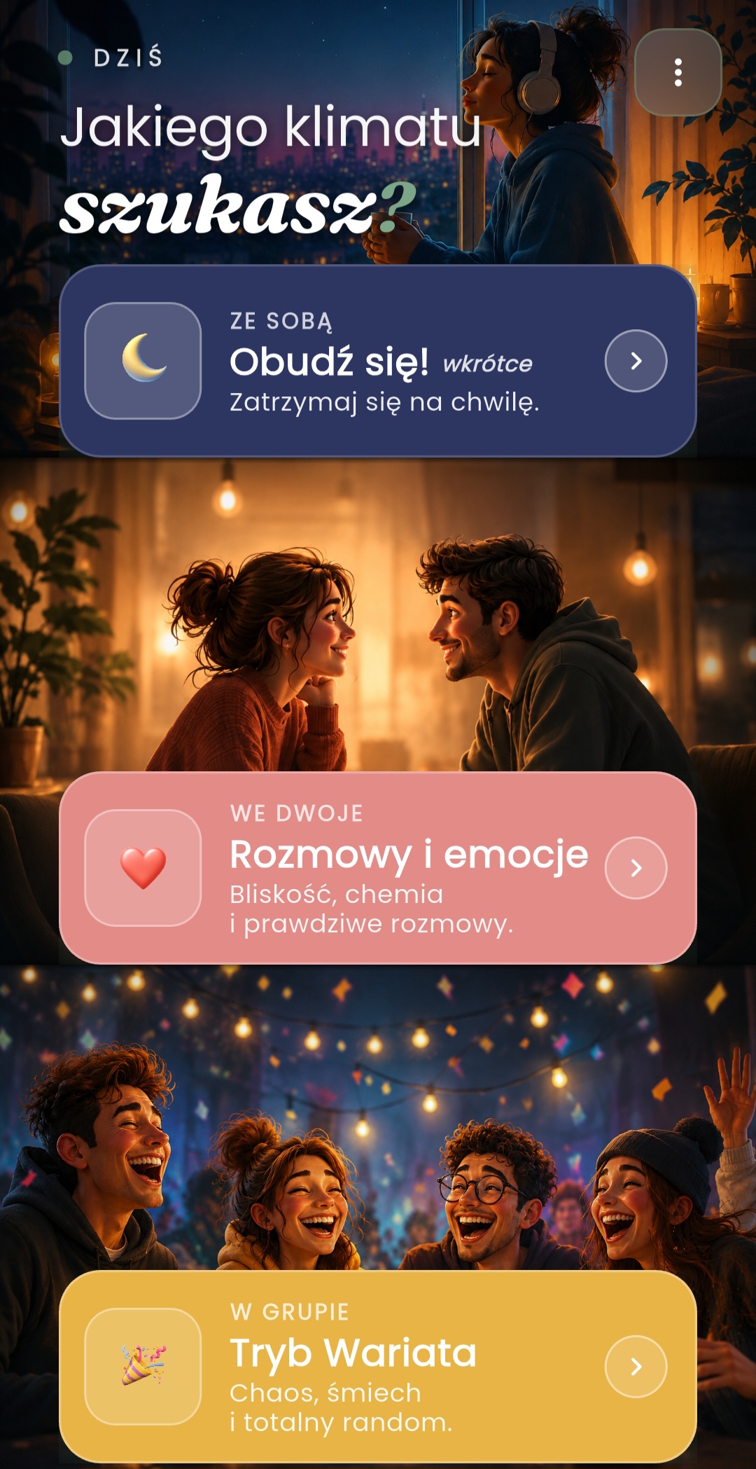 Ekran główny aplikacji z wyborem nastroju i trybów