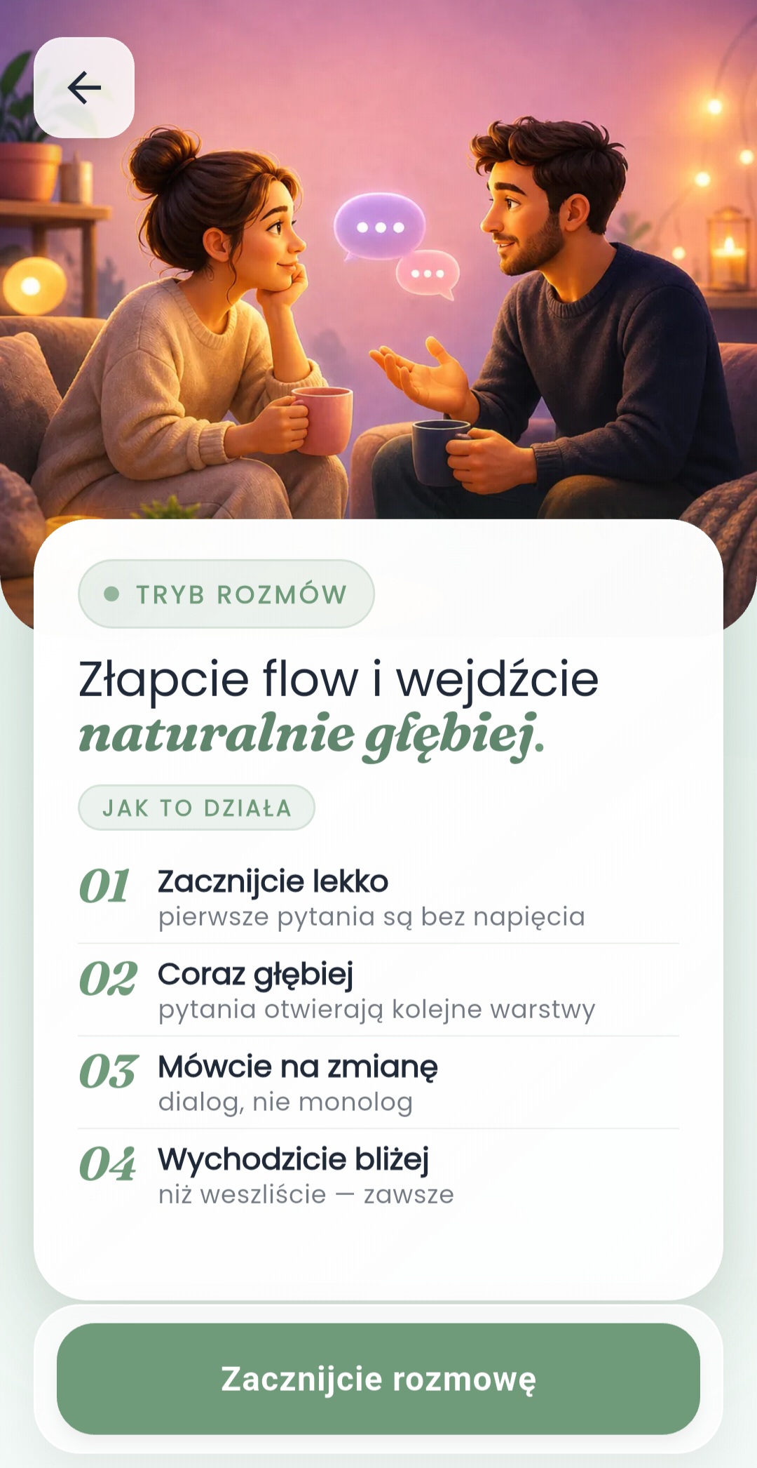 Onboarding trybu rozmów pokazujący lekkie wejście w głębszy dialog