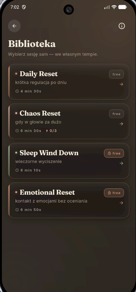 Ekran trybu Obudź się z wejściowym check-inem i wyborem intencji